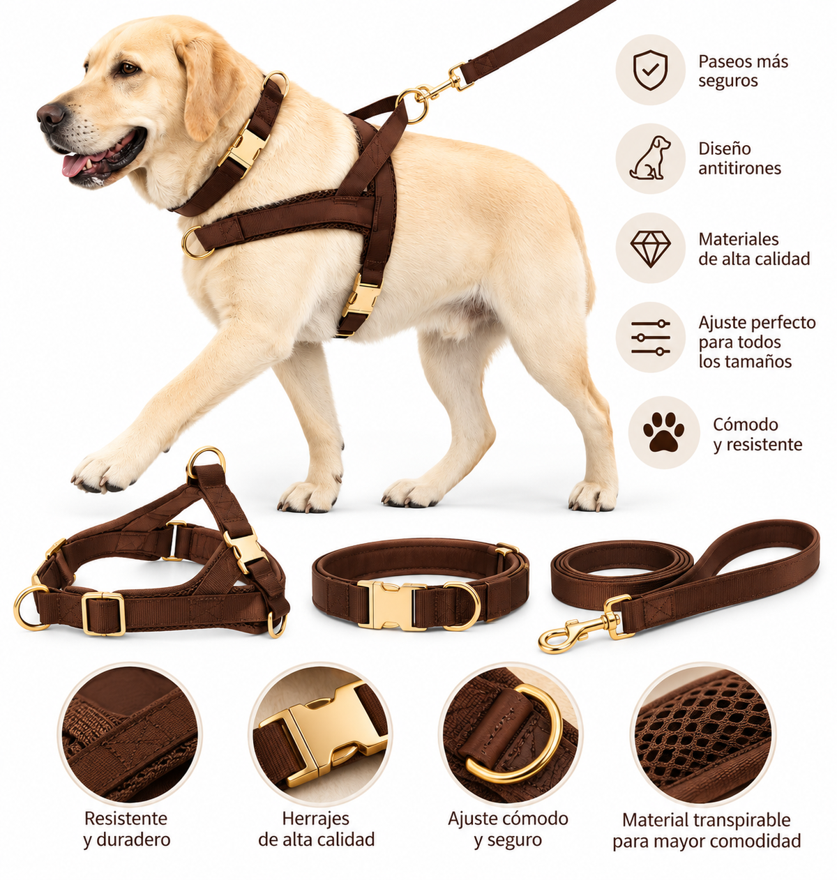 Set aus Geschirr, Halsband und Leine aus braunem Leder und Nylon für Hunde – sichere und elegante Spaziergänge