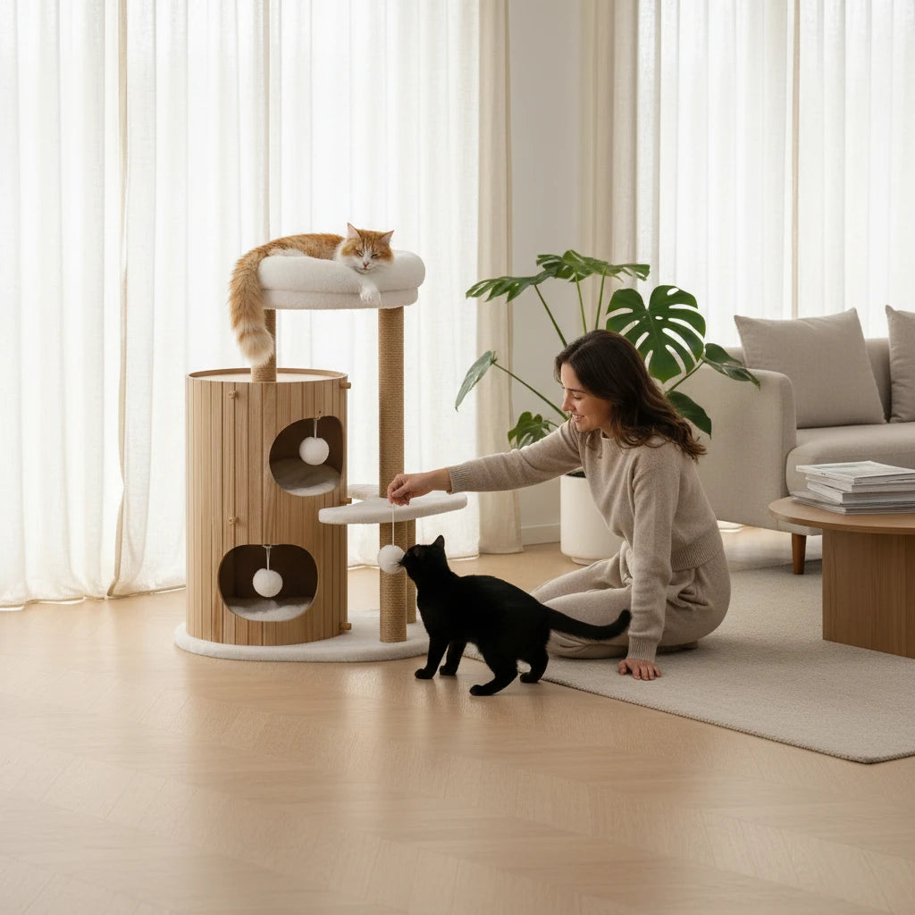 Arbre à chat en bois avec couchage surélevé