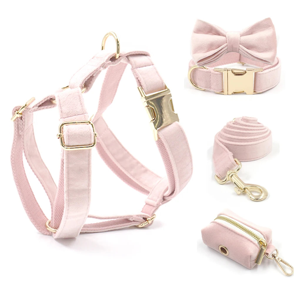 Set de Arnés y Collar de Terciopelo Rosa Personalizable
