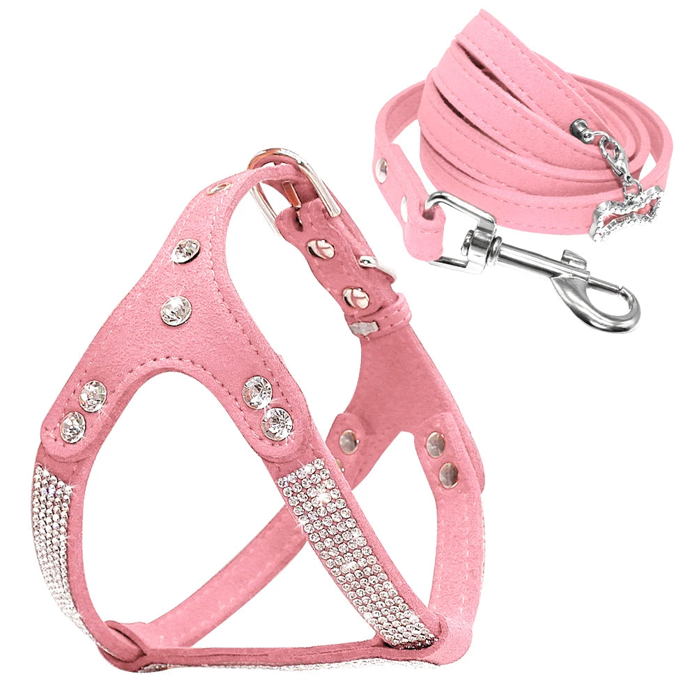 Kit Árnes y Correa Rosa de Gamuza con Cristales para Perros