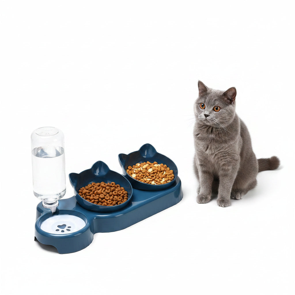 Set Comedero 3 en 1 con Bebedero de Gravedad para Gatos