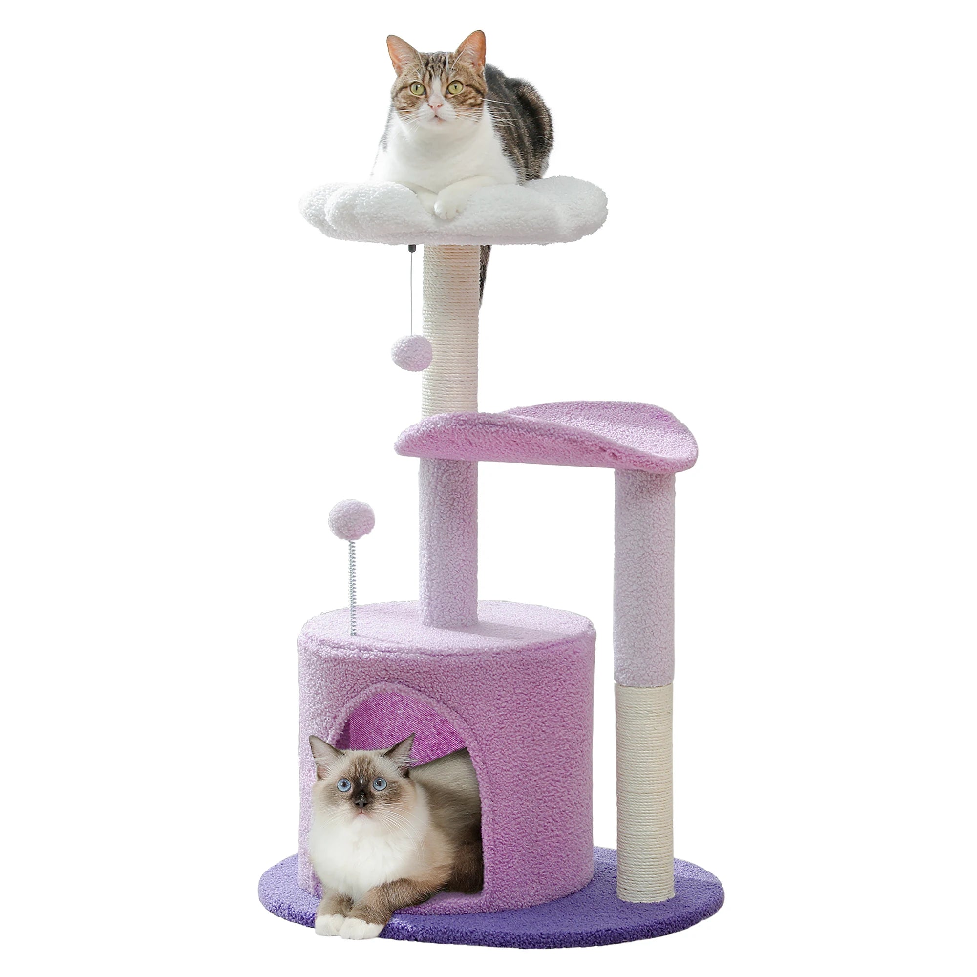 Árbol rascador lila para gatos con diseño de flor y casa interior