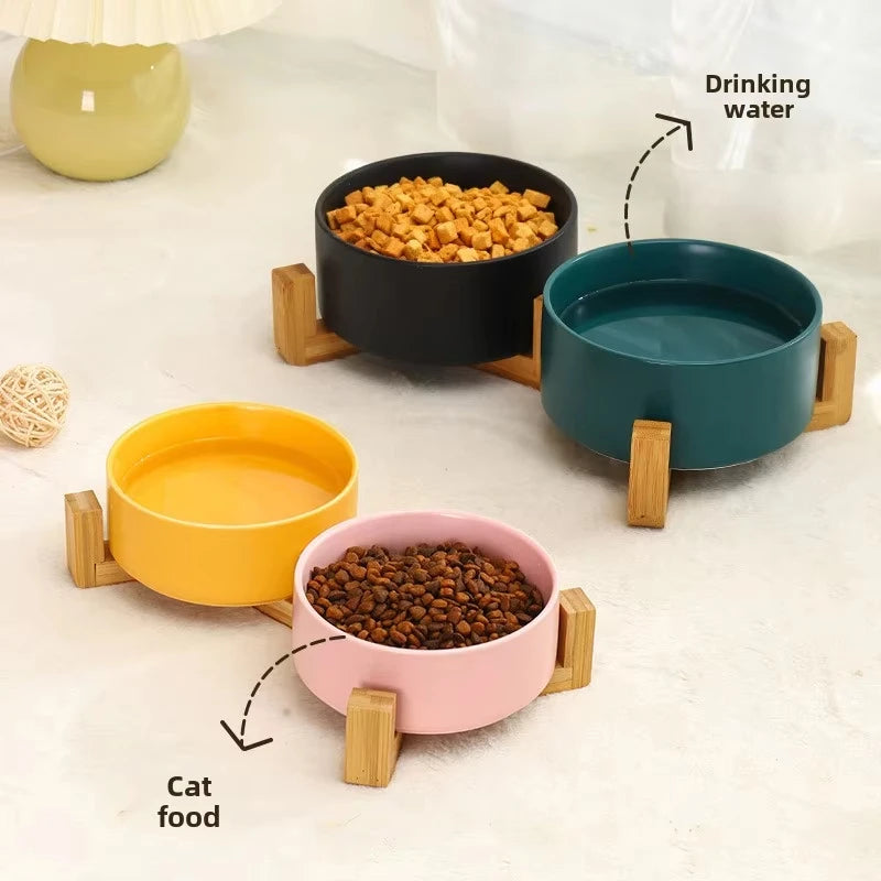 Comedero Cerámico con Soporte de Madera - Colores Básicos