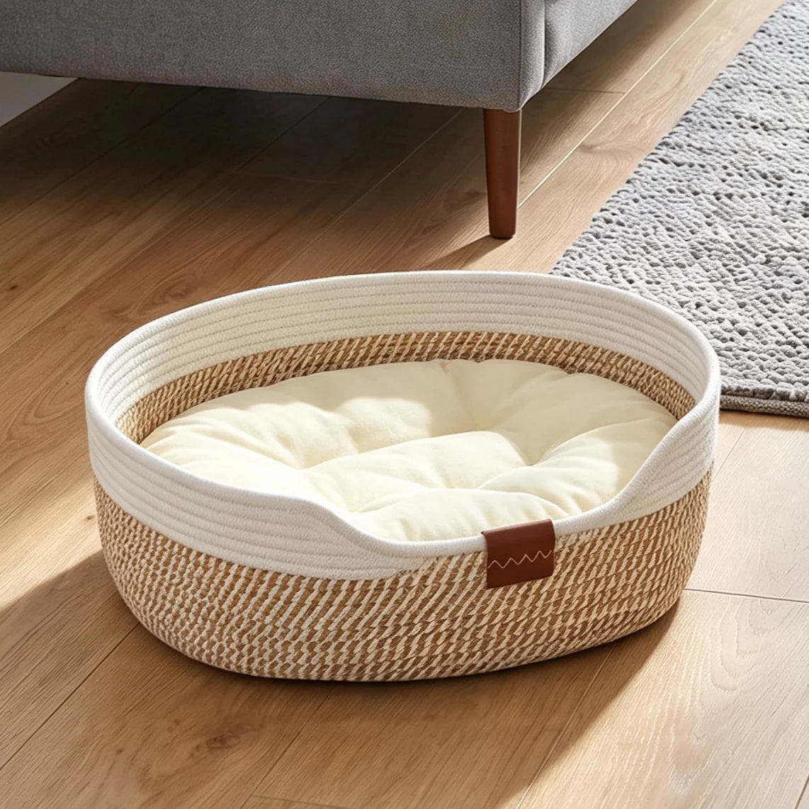 Pleciony kosz z bawełnianej liny dla kota