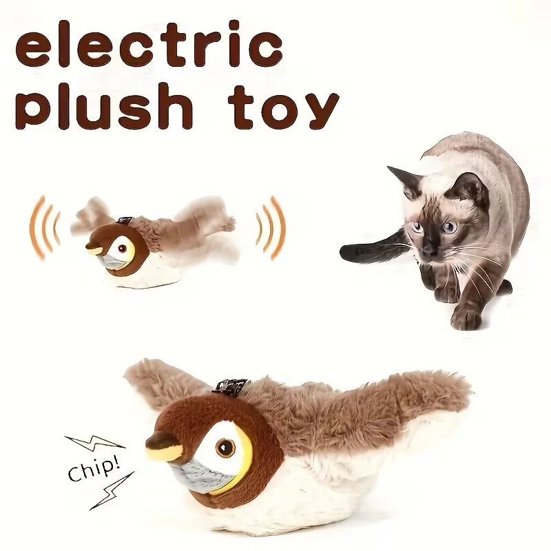 Interactive Pet Bird Toy Flapping Wings (with Catnip) USB-Rechargeable Touch-Activated Squeaky Plush Toy Flying Bird For Indoor