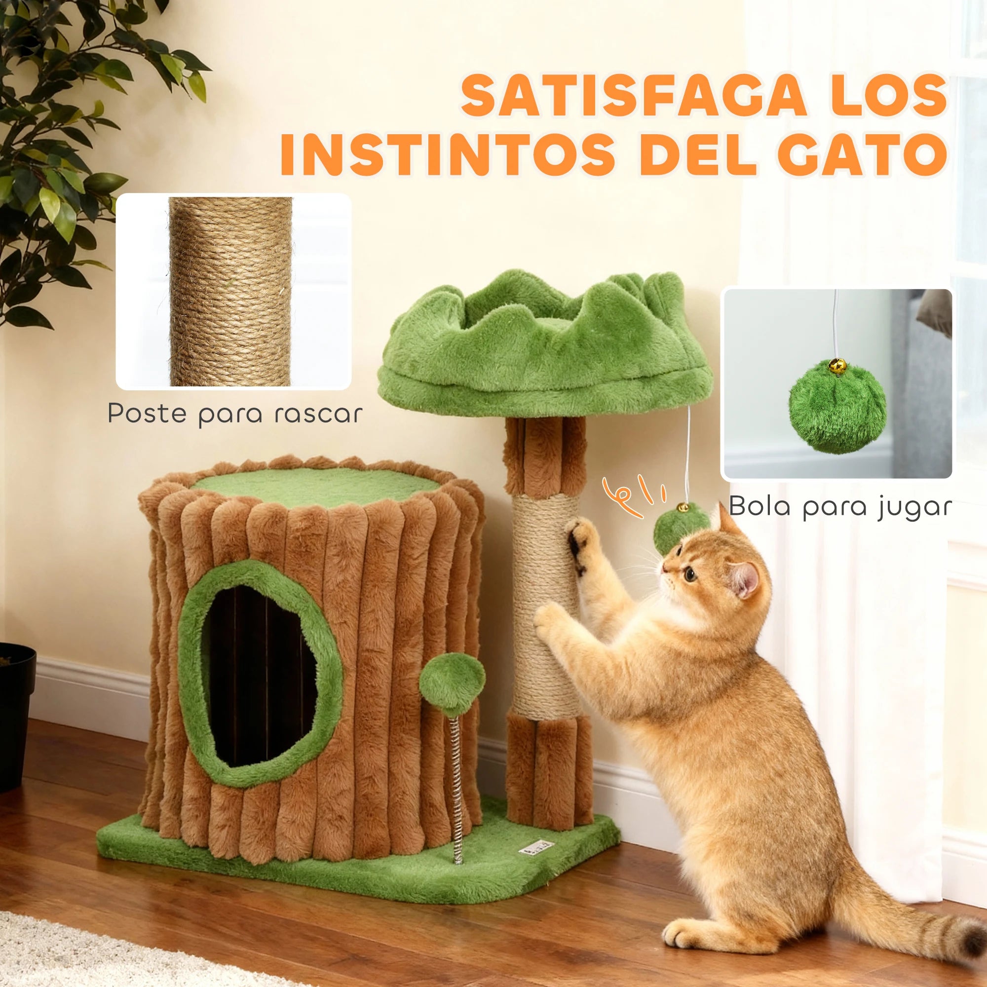 Rascador Árbol para Gatos con Casita y Cama Acolchada 53 cm