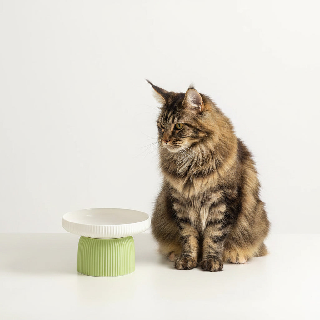 Comedero Cerámico Elevado para Gatos y Perros de Cara Plana - Verde y Blanco