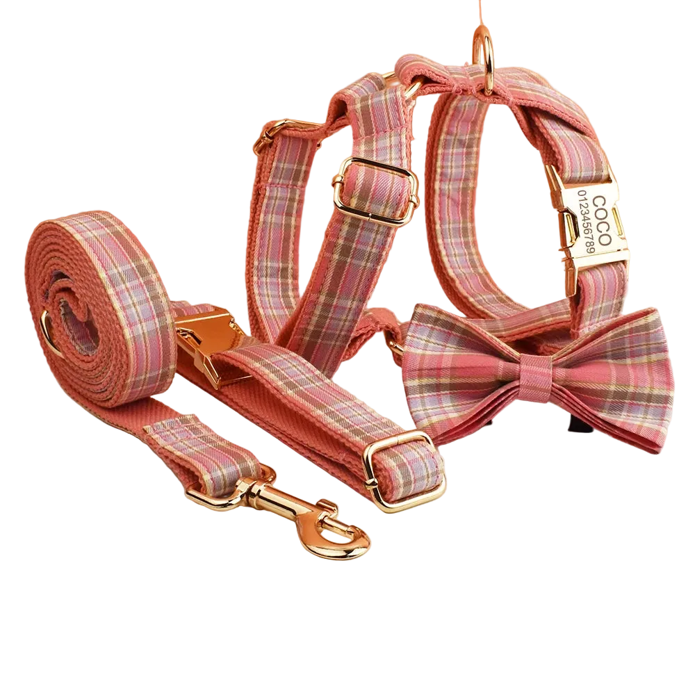 Set de Collar y Correa de Cuadros en Algodón Personalizable