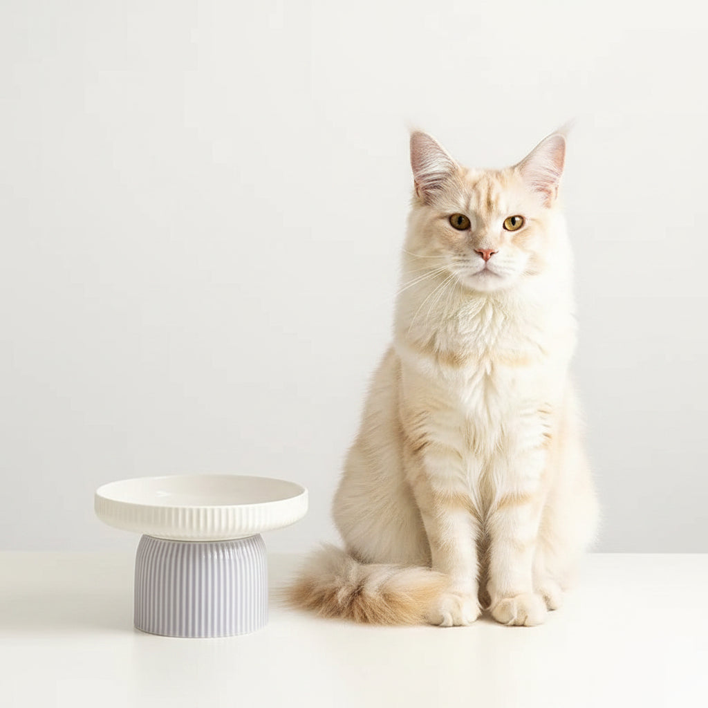 Comedero Cerámico Elevado para Gatos y Perros de Cara Plana - Morado y Blanco