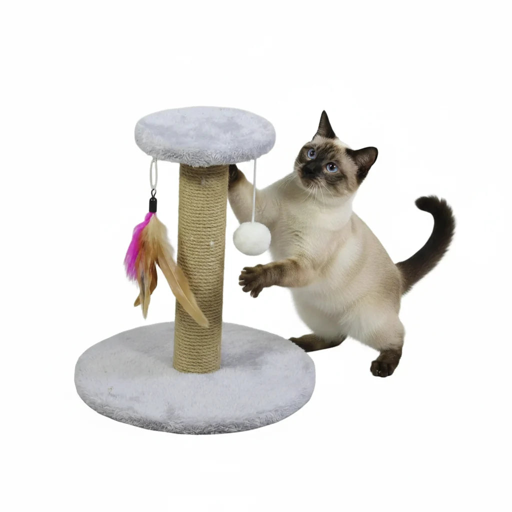 Rascador de sisal gris con gato Siamés
