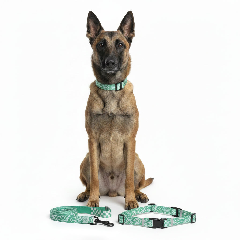 Green Print Dog Harness & Collar Set