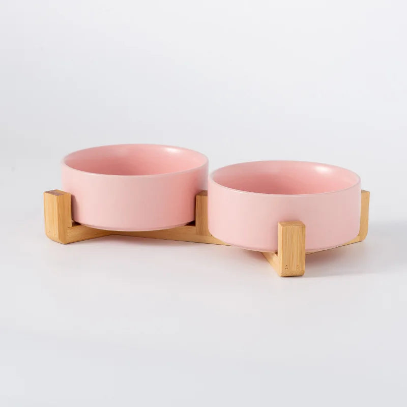Comedero Cerámico con Soporte de Madera - Colores Vivos