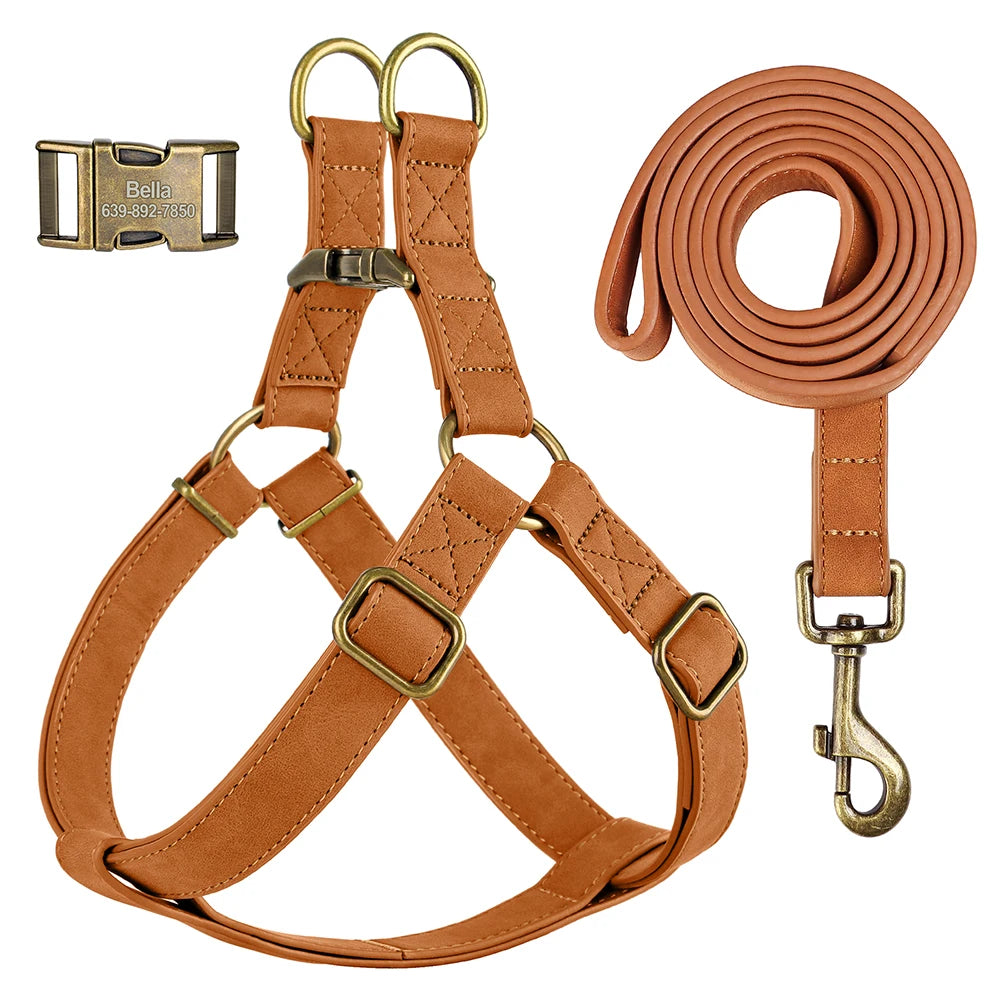 Set de Paseo Essential: Arnés y Correa de Cuero Premium con Grabado