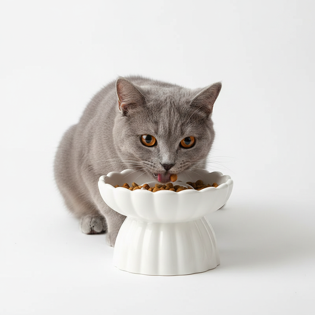 Comedero Cerámico Elevado Antiatragantamiento para Gatos - Blanco