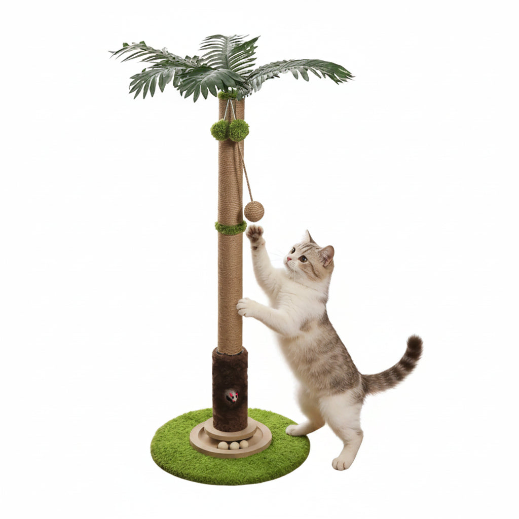 Arbre à chat avec niche et balles suspendues