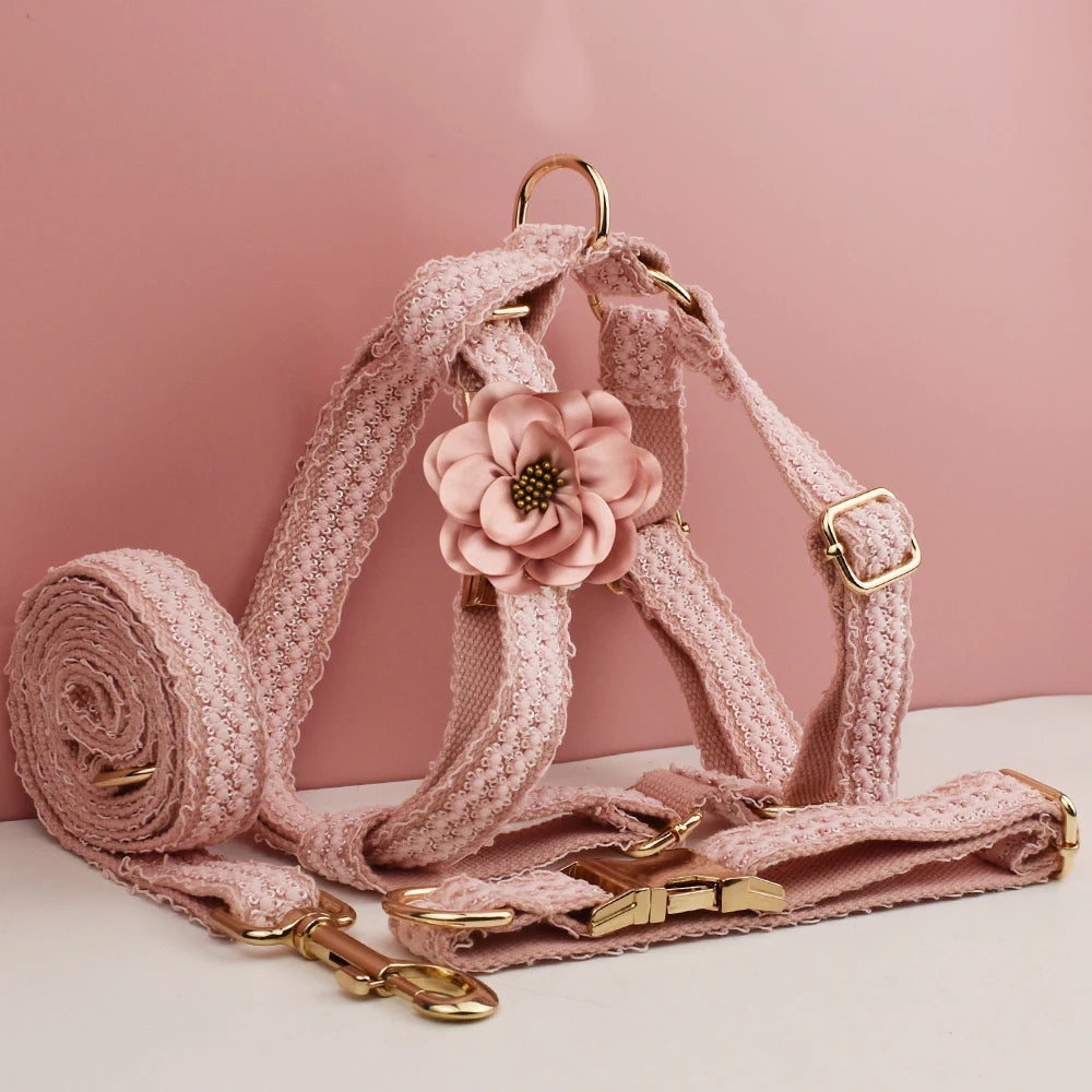 Set de Collar y Arnés de Encaje Rosa Personalizable