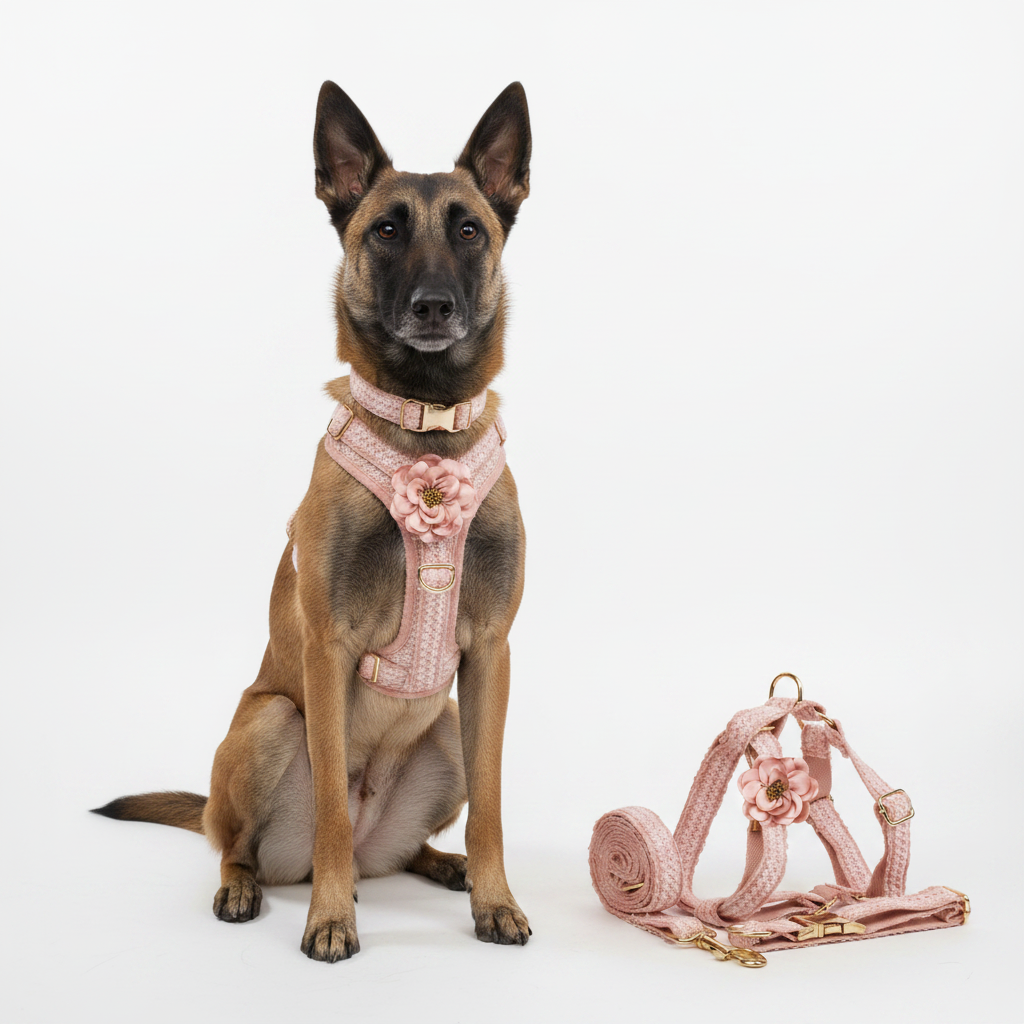 Set de Collar y Arnés de Encaje Rosa Floral Personalizable