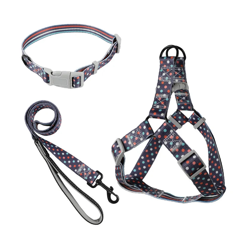 Polka Dot Print Dog Harness & Collar Set