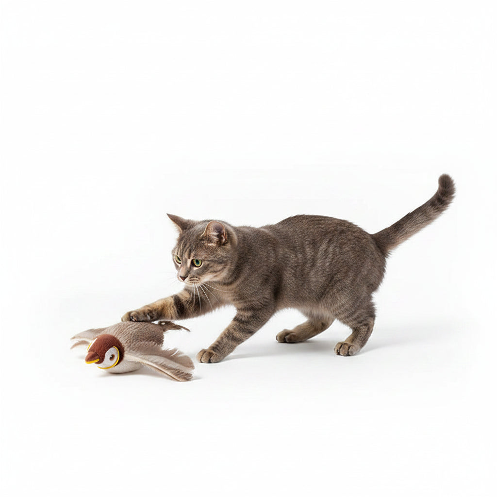 Interactive Pet Bird Toy Flapping Wings (with Catnip) USB-Rechargeable Touch-Activated Squeaky Plush Toy Flying Bird For Indoor