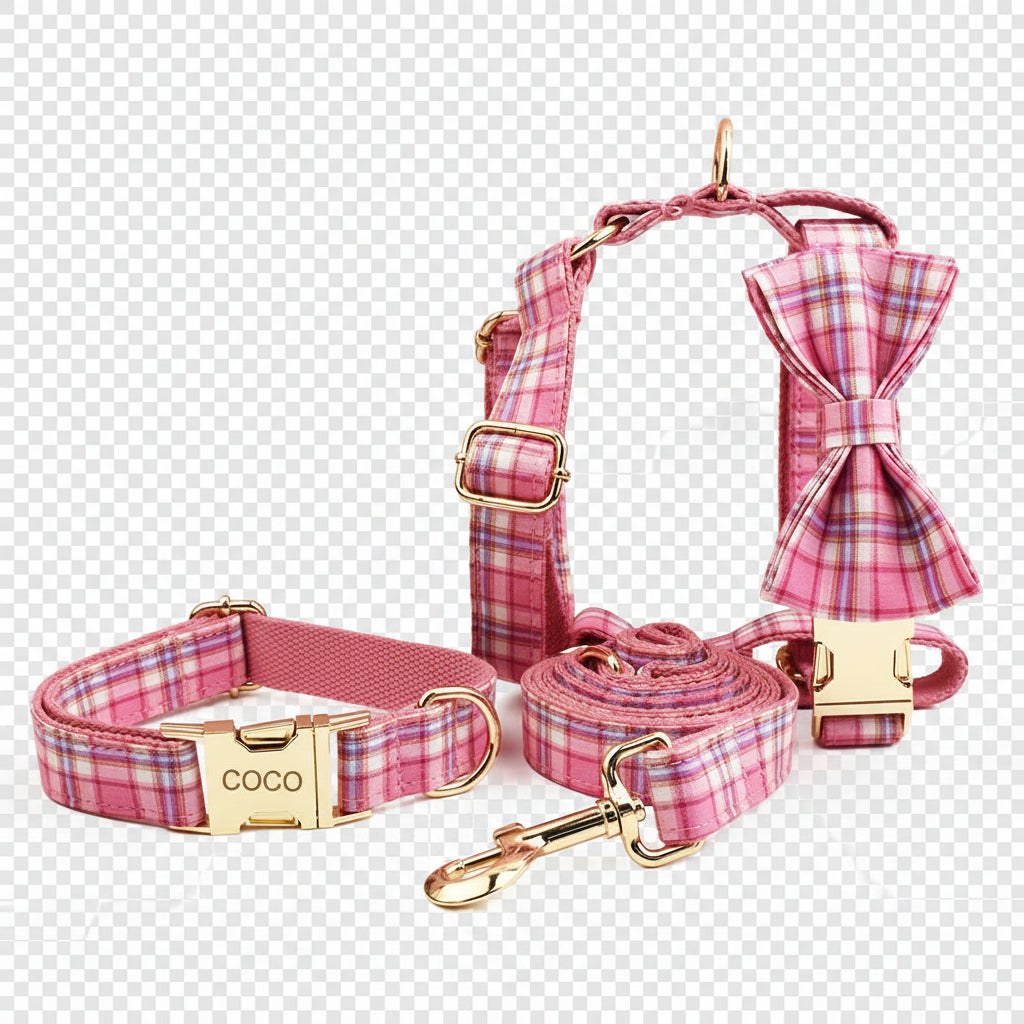 Set de Collar, Arnés y Correa de Cuadros Rosa Personalizable
