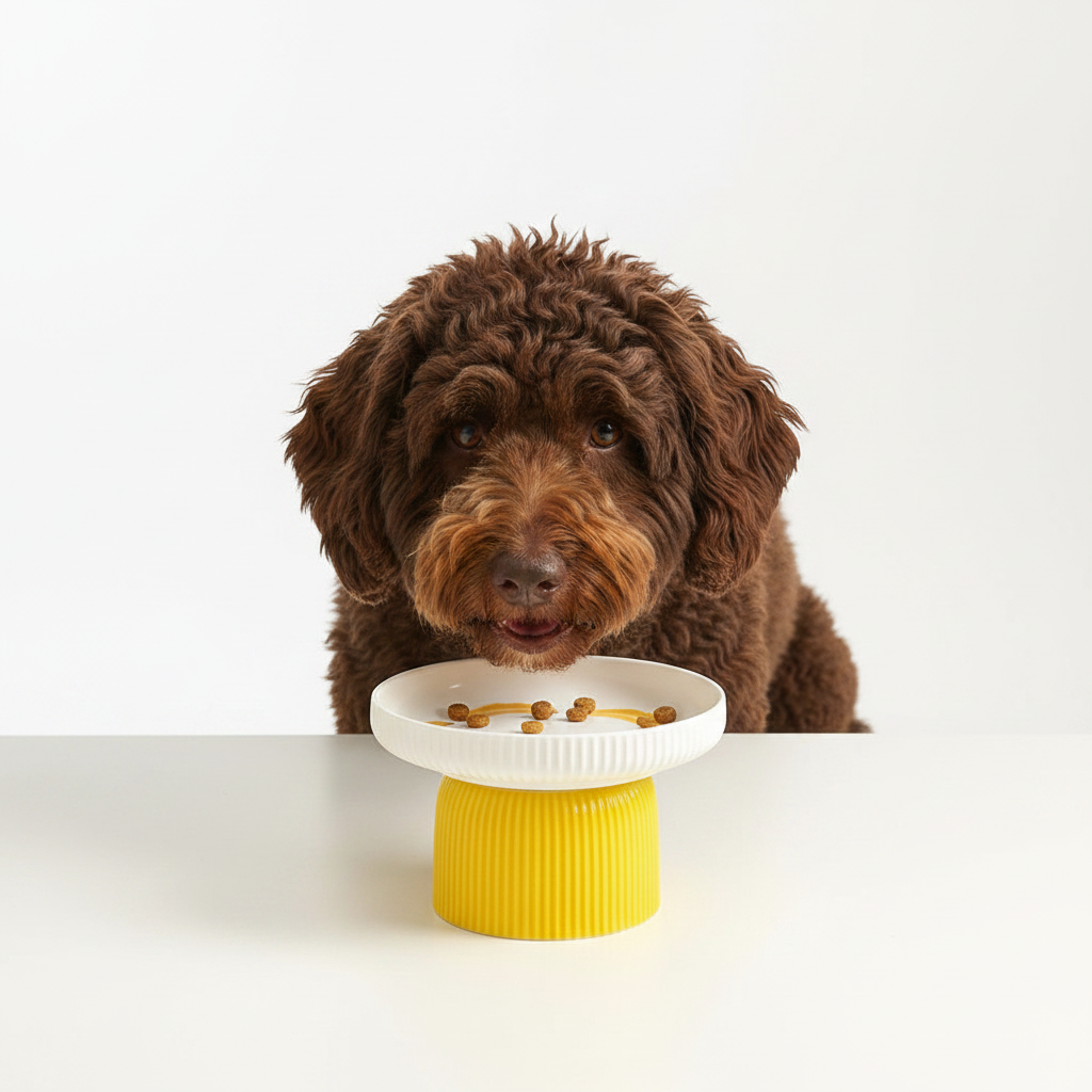 Comedero Cerámico Elevado para Gatos y Perros de Cara Plana - Amarillo y Blanco Plátano