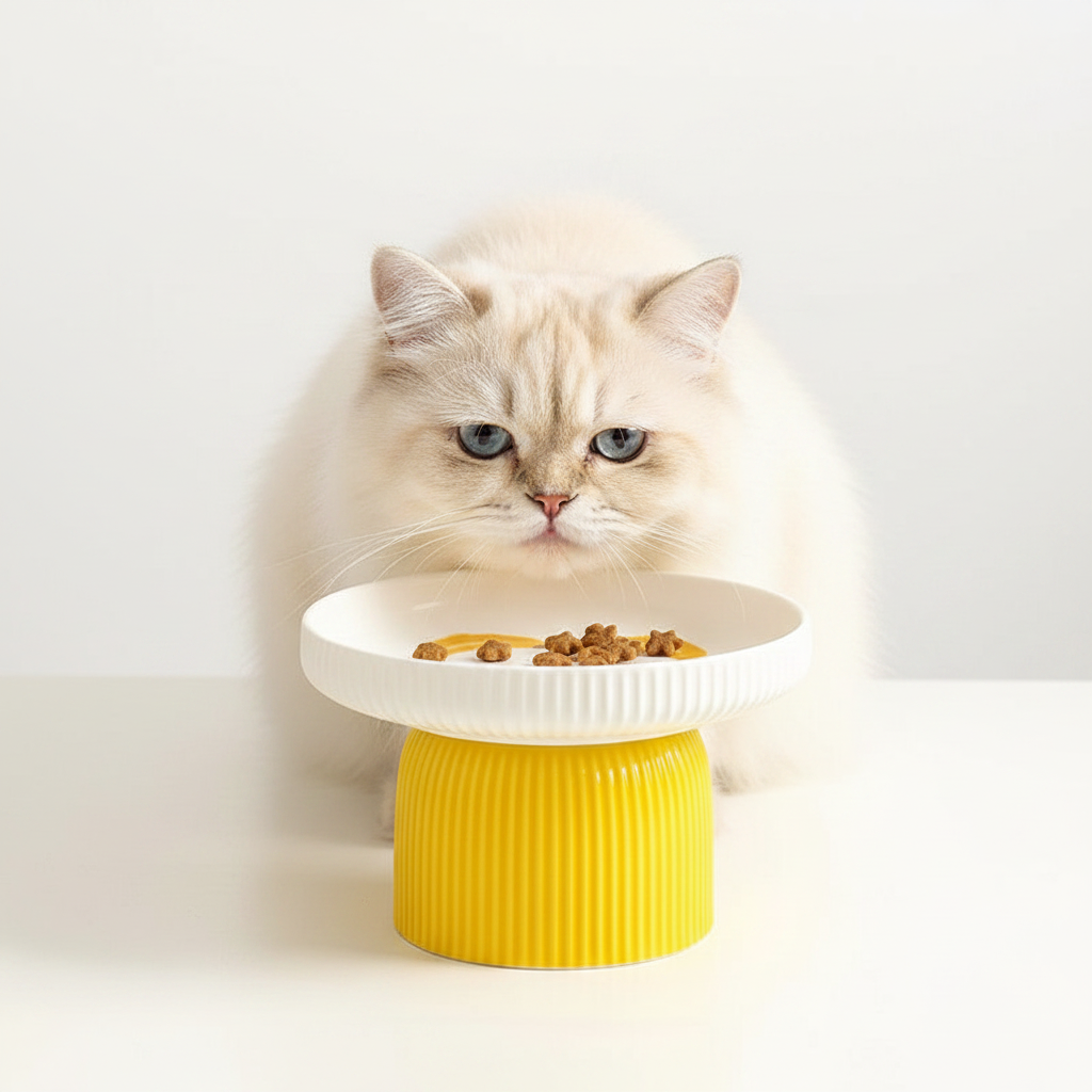 Comedero Cerámico Elevado para Gatos y Perros de Cara Plana - Amarillo y Blanco Plátano