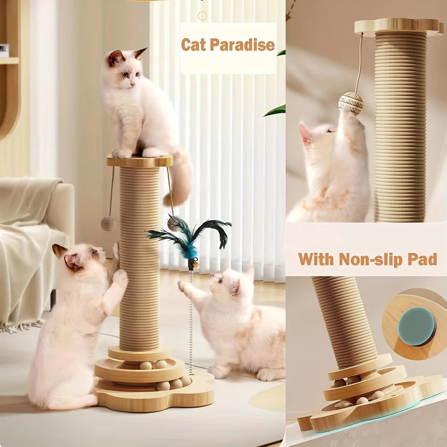 Arbre à chat 4 en 1 en bois avec balle rotative