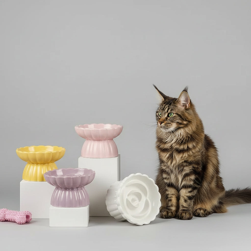 Comedero cerámico elevado morado para gatos
