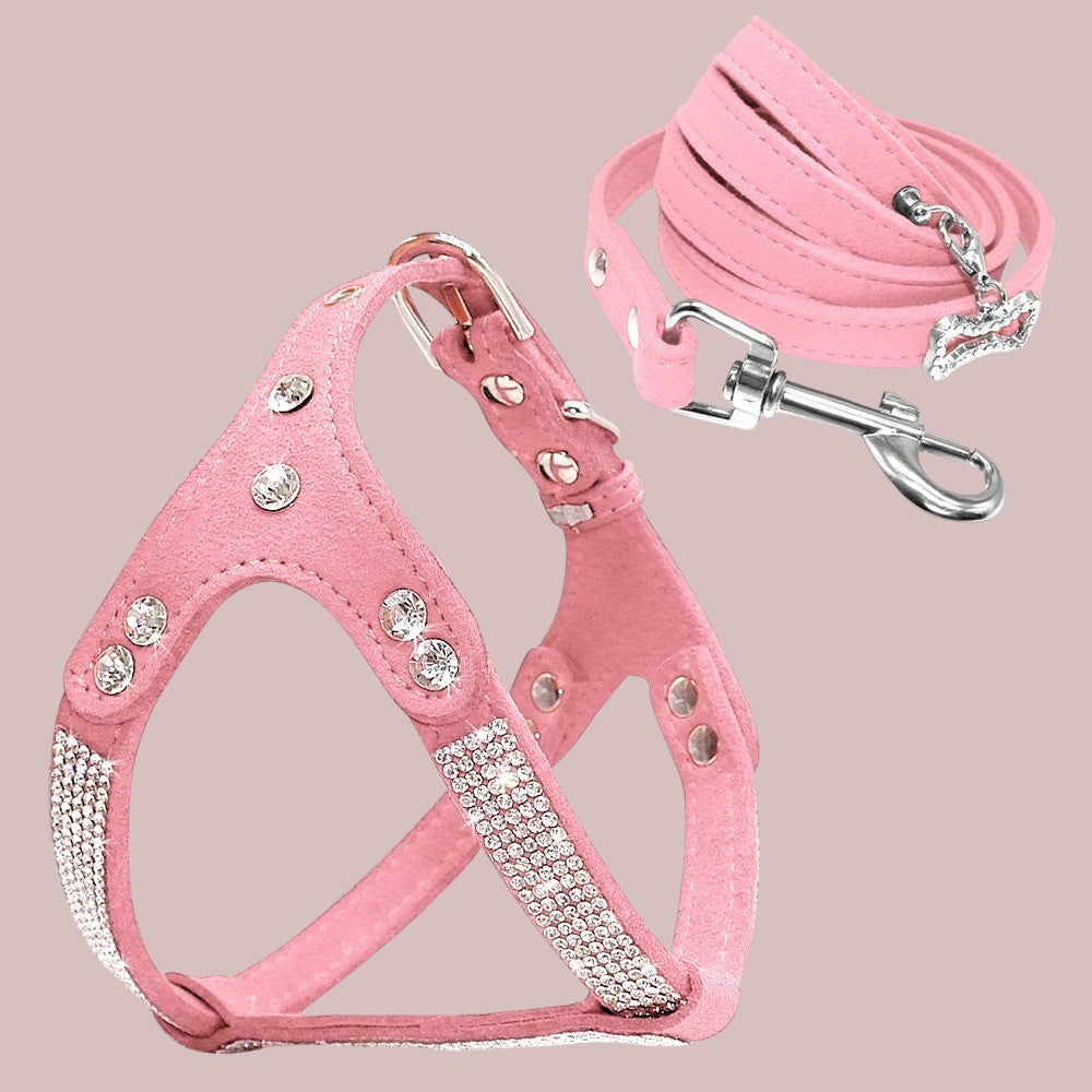 Kit Árnes y Correa Rosa de Gamuza con Cristales para Perros