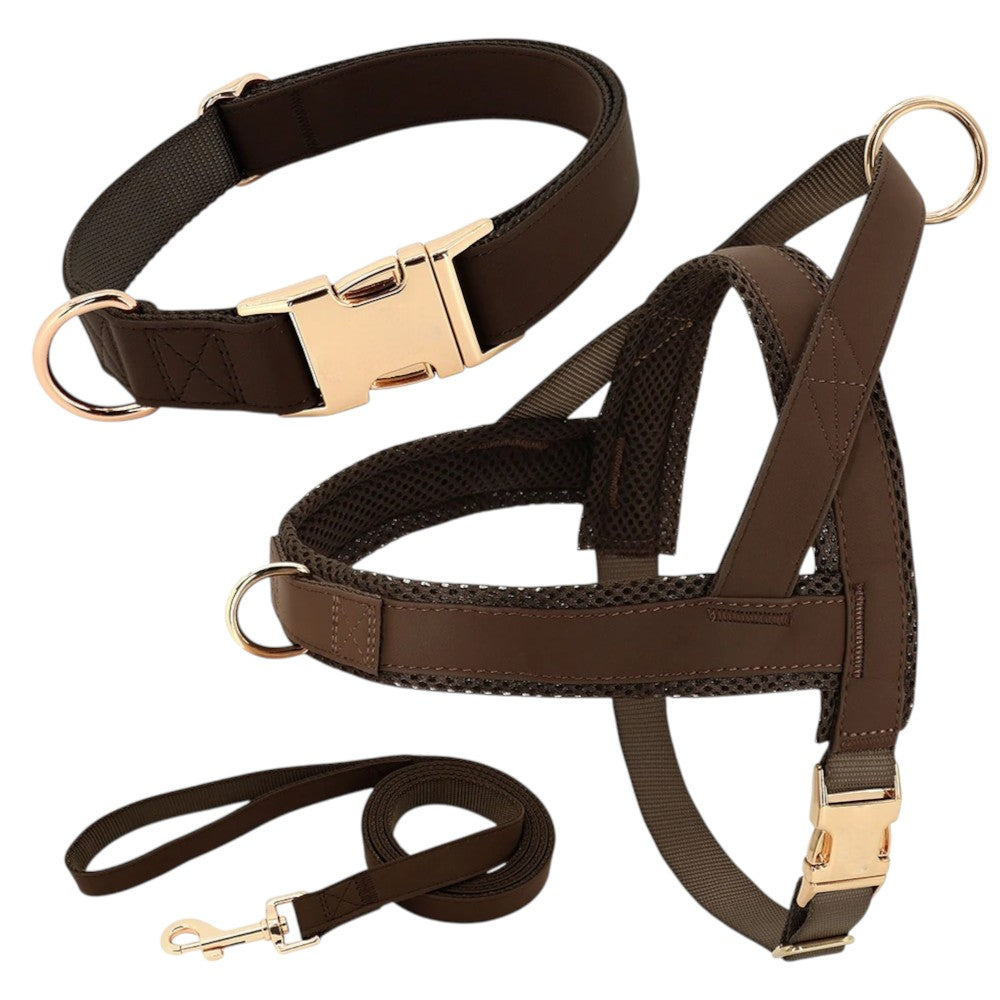 Conjunto de Arnés, Collar y Correa de Cuero y Nylon Marrón para Perros – Paseos Seguros y Elegantes