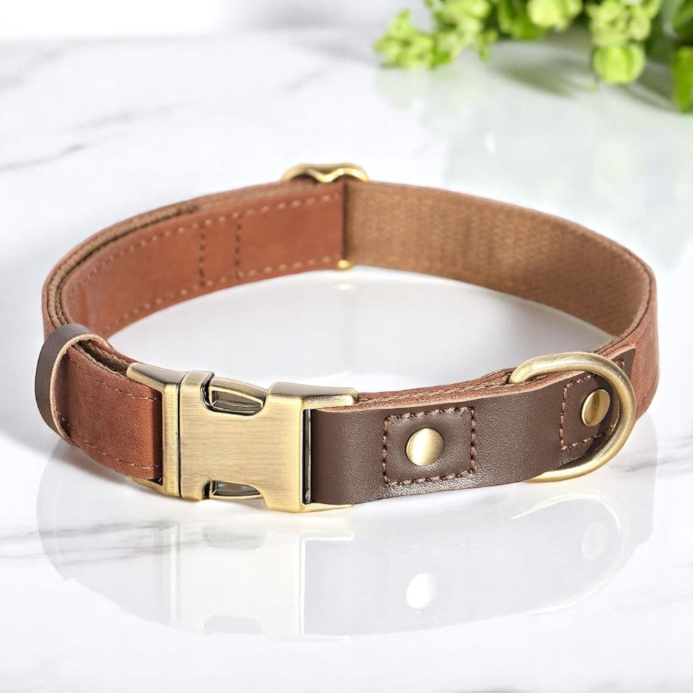 Collar de Nylon y Cuero PU Café para Perros – Comodidad y Durabilidad