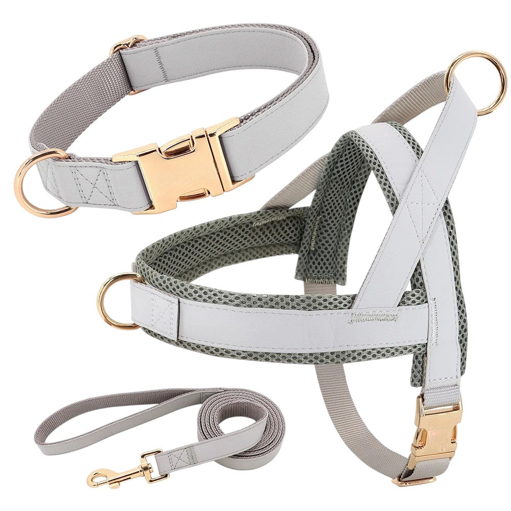 Conjunto de Arnés, Collar y Correa de Cuero y Nylon Gris para Perros – Paseos Seguros y Elegantes