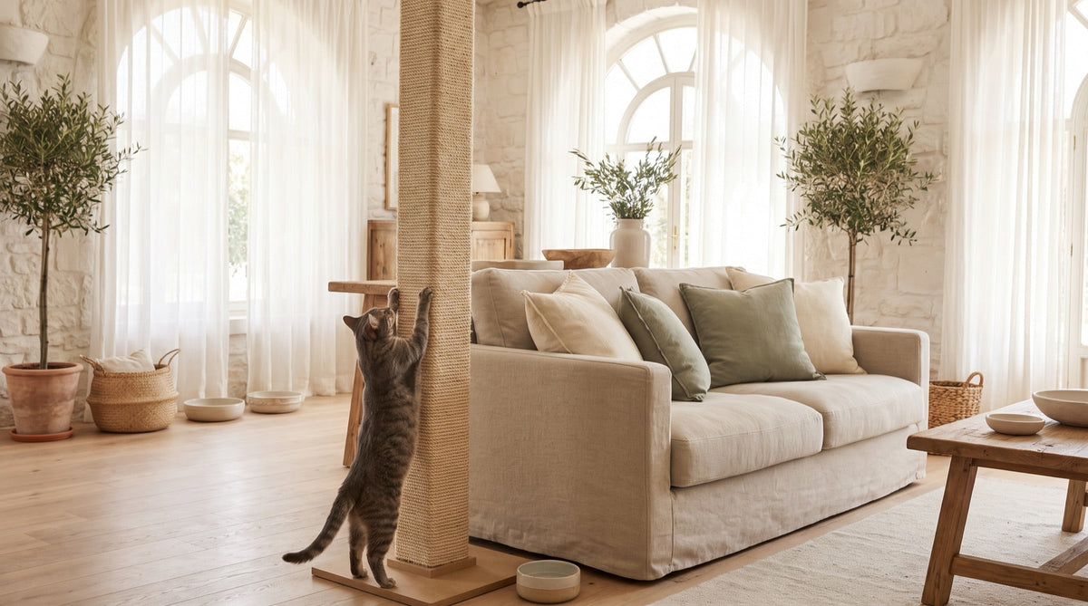 Gato atigrado arañando un rascador de sisal junto al sofá