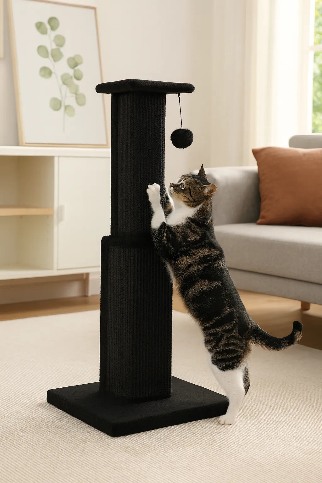 Rascador alto negro para gatos grandes con base estable