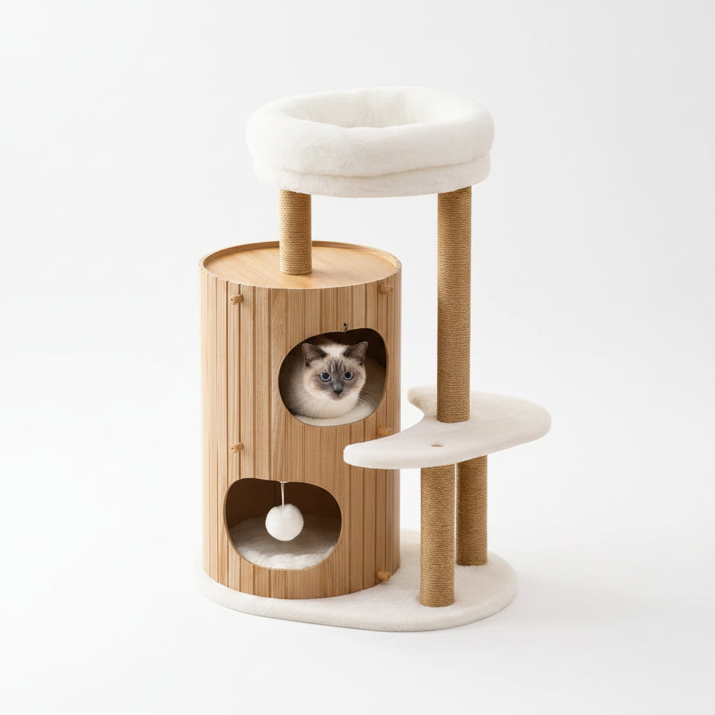 Arbre à chat en bois avec couchage surélevé