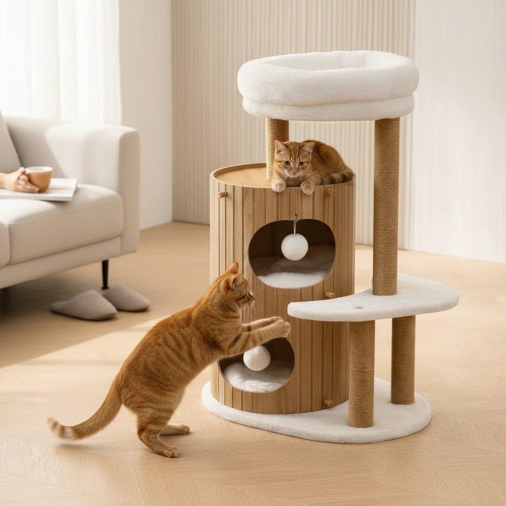 Arbre à chat en bois avec couchage surélevé
