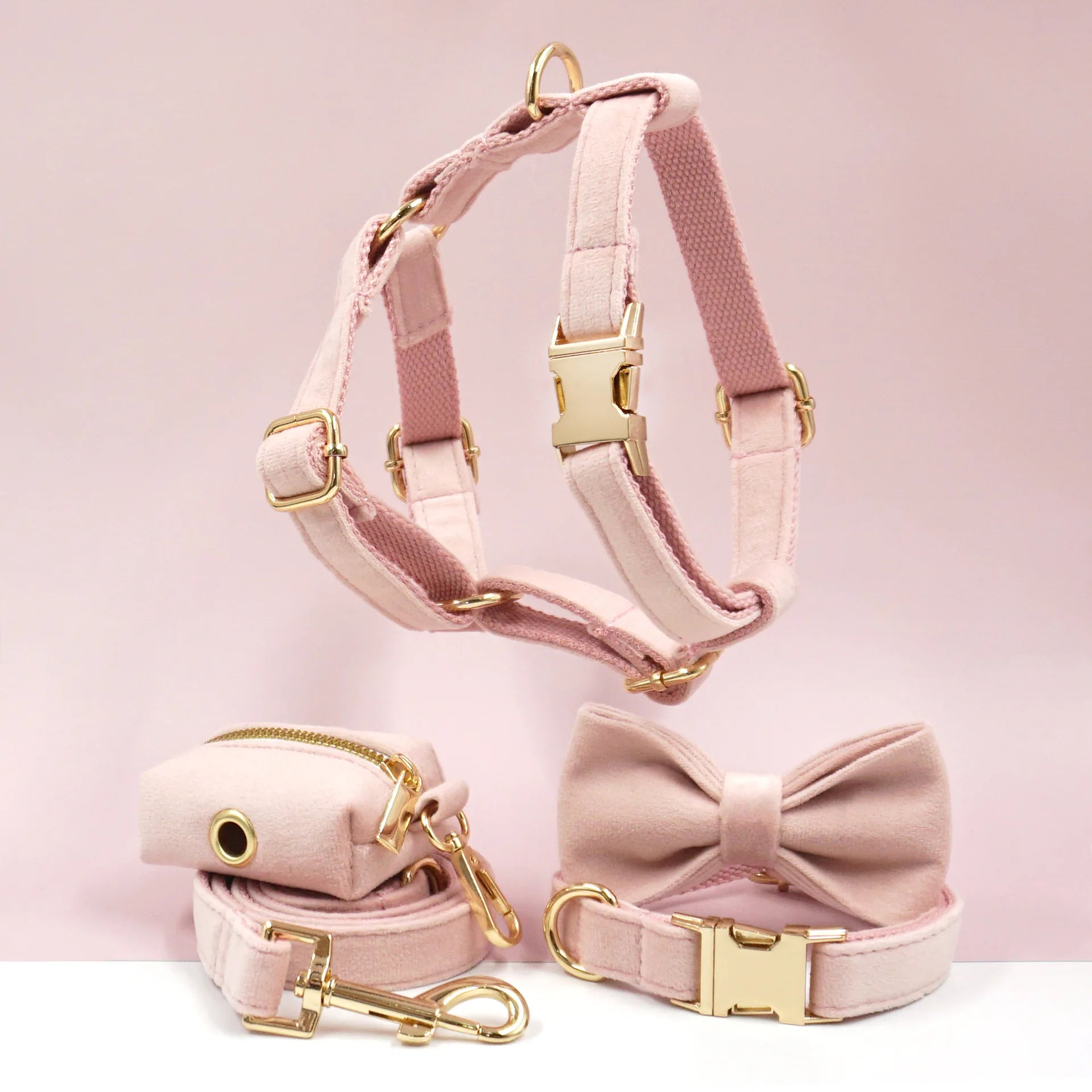 Set de Arnés y Collar de Terciopelo Rosa Personalizable