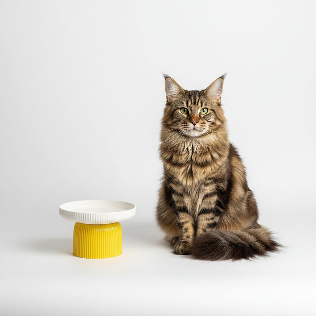 Comedero Cerámico Elevado para Gatos y Perros de Cara Plana - Amarillo y Blanco