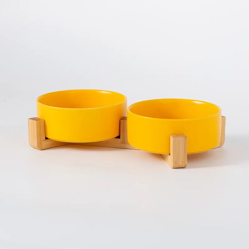 Comedero Cerámico con Soporte de Madera - Colores Vivos