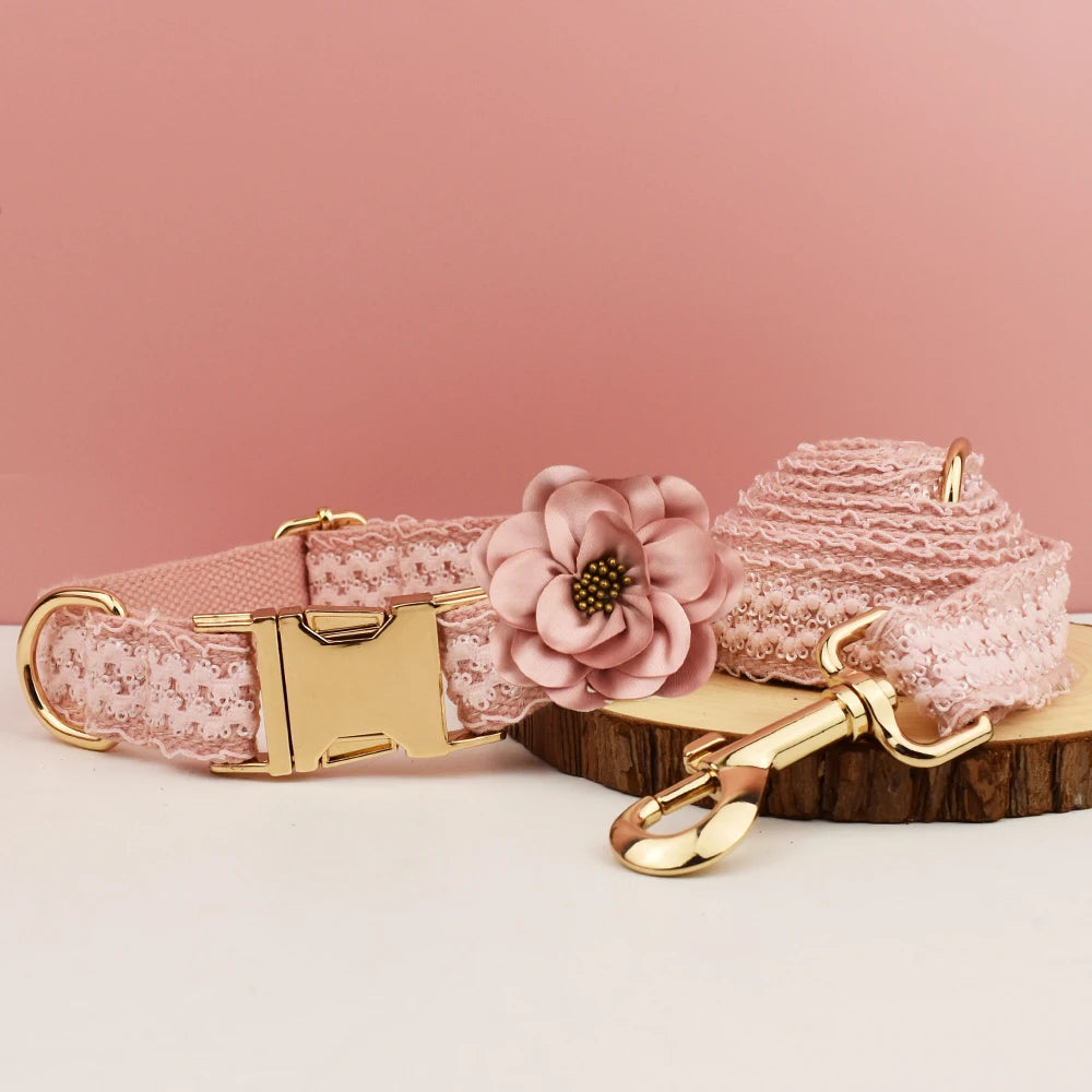 Set de Collar y Arnés de Encaje Rosa Personalizable