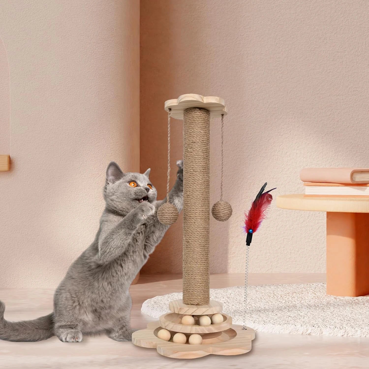 Arbre à chat 4 en 1 en bois avec balle rotative