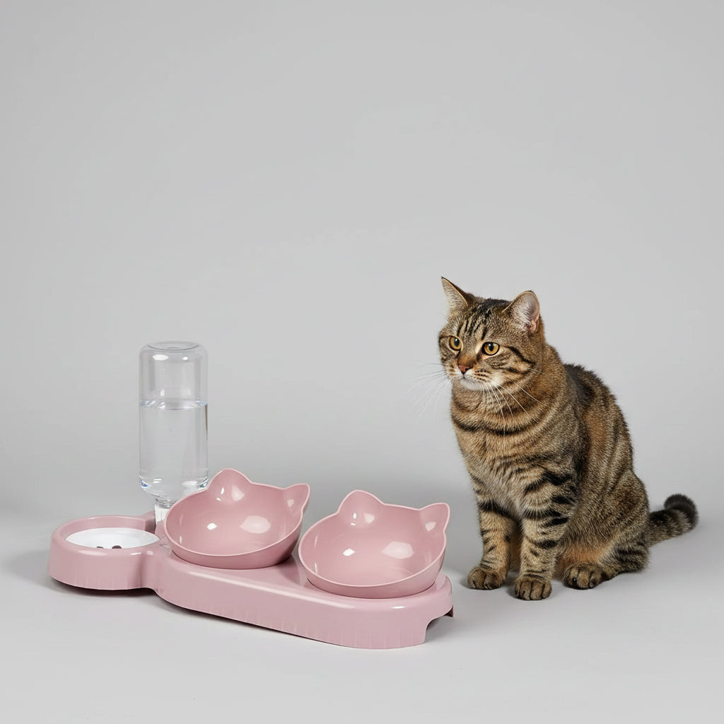 Set Comedero 3 en 1 con Bebedero de Gravedad para Gatos
