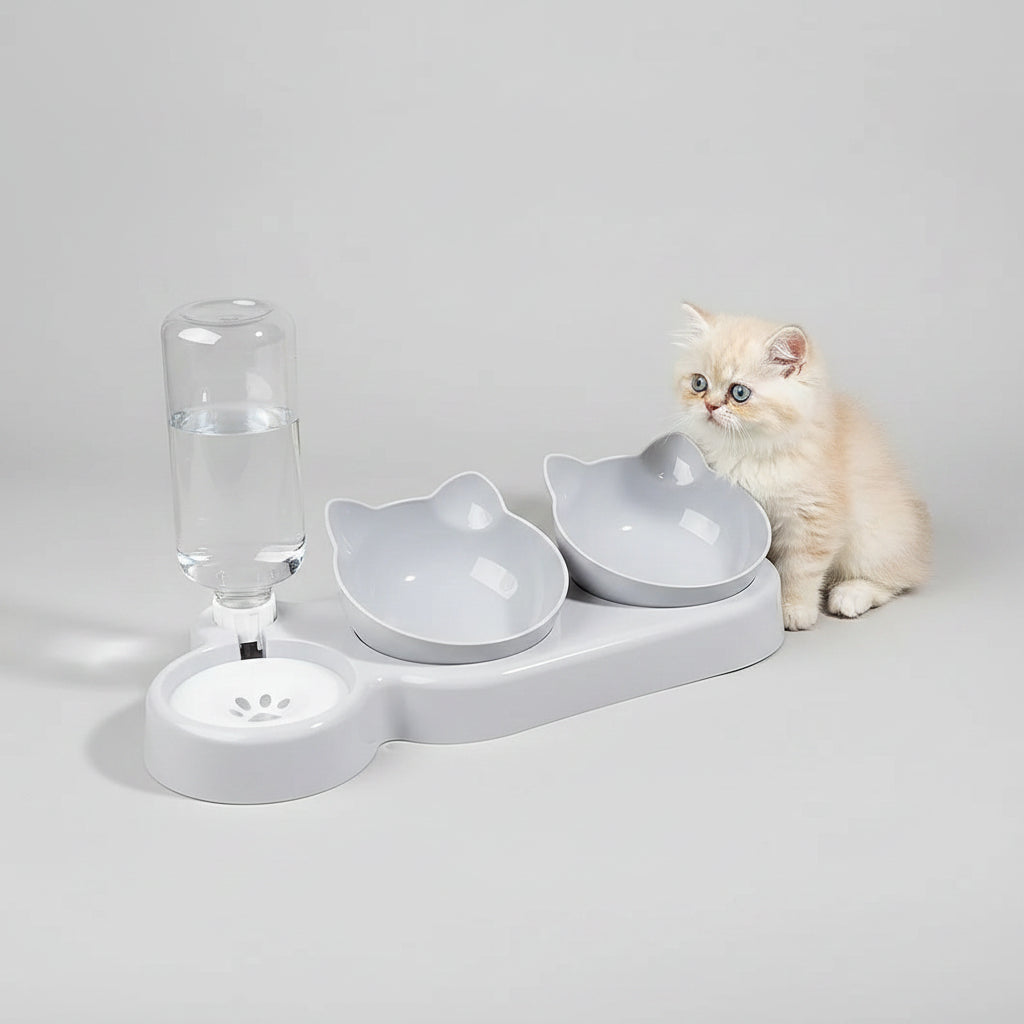 Set Comedero 3 en 1 con Bebedero de Gravedad para Gatos