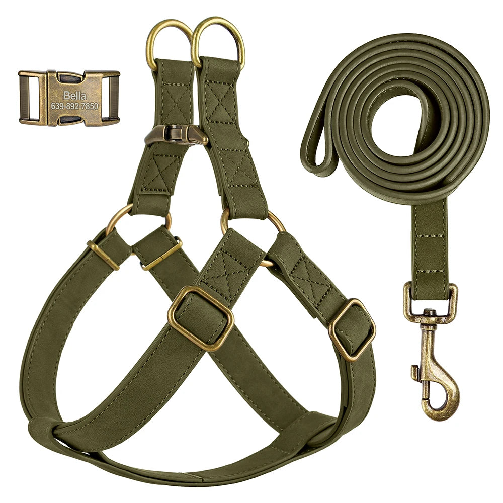 Set de Paseo Essential: Arnés y Correa de Cuero Premium con Grabado Personalizado