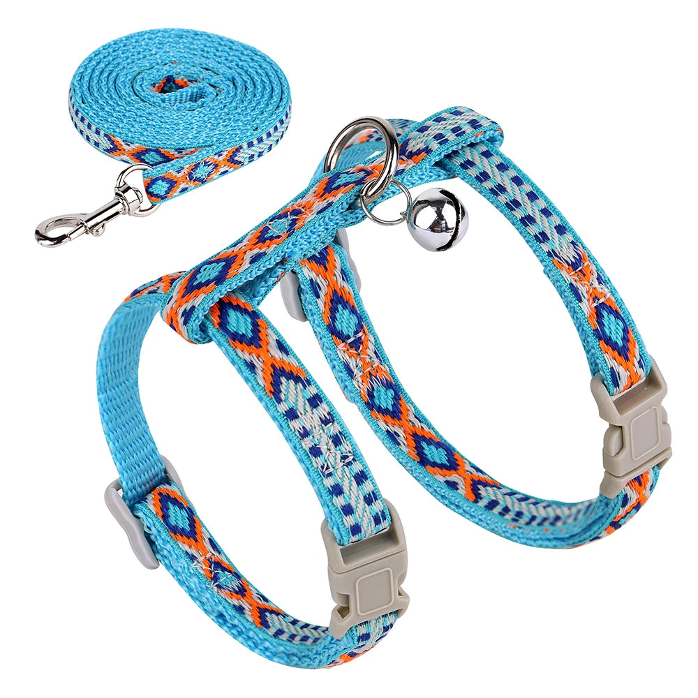 Arnés Ajustable con Correa y Cascabel Azul para Gatos y Perros Pequeños