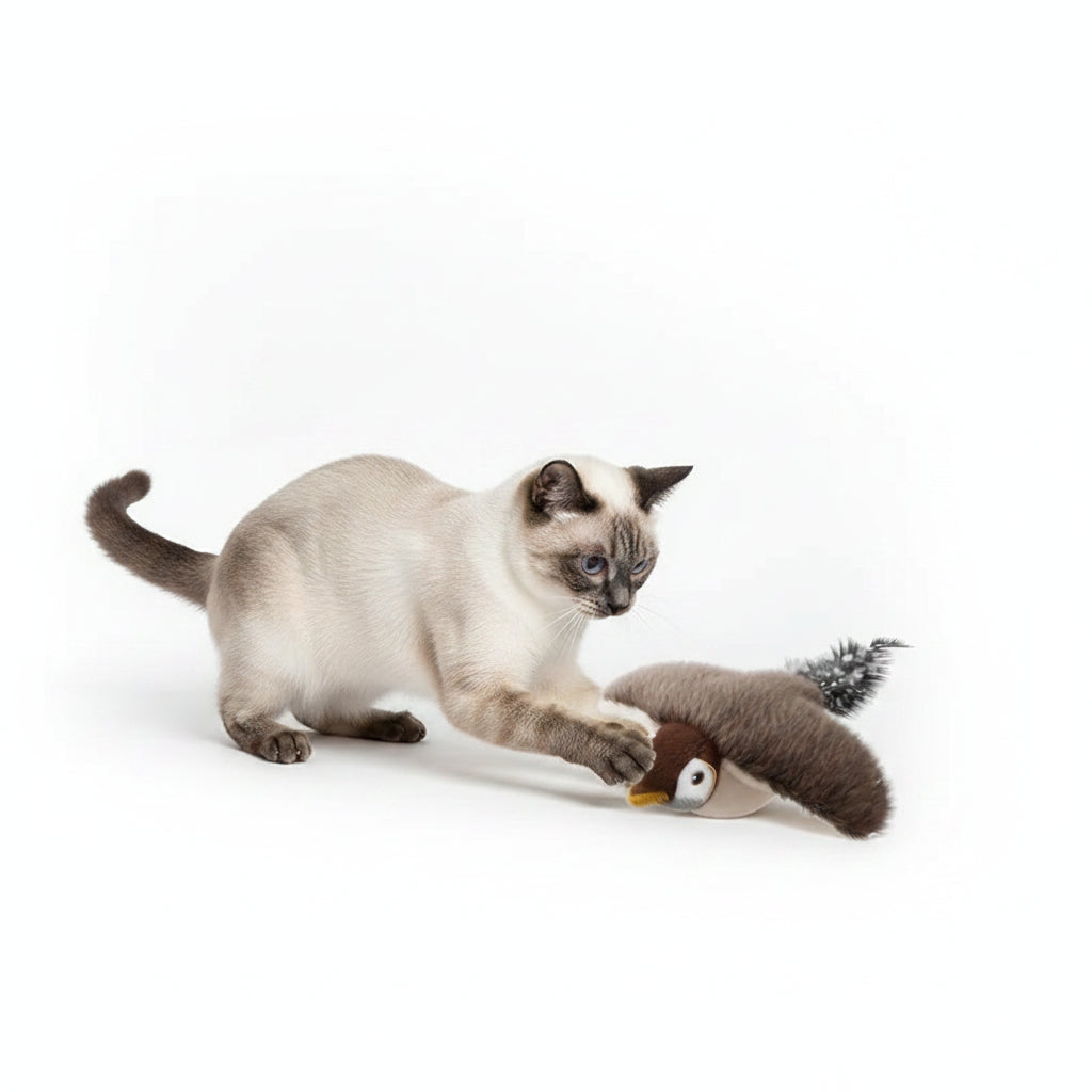 Interactive Pet Bird Toy Flapping Wings (with Catnip) USB-Rechargeable Touch-Activated Squeaky Plush Toy Flying Bird For Indoor