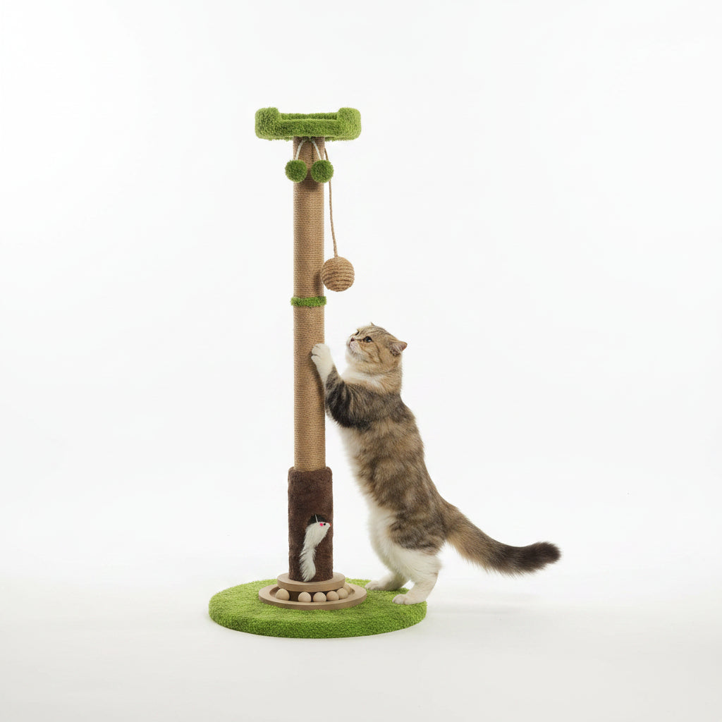 Arbre à chat avec niche et balles suspendues