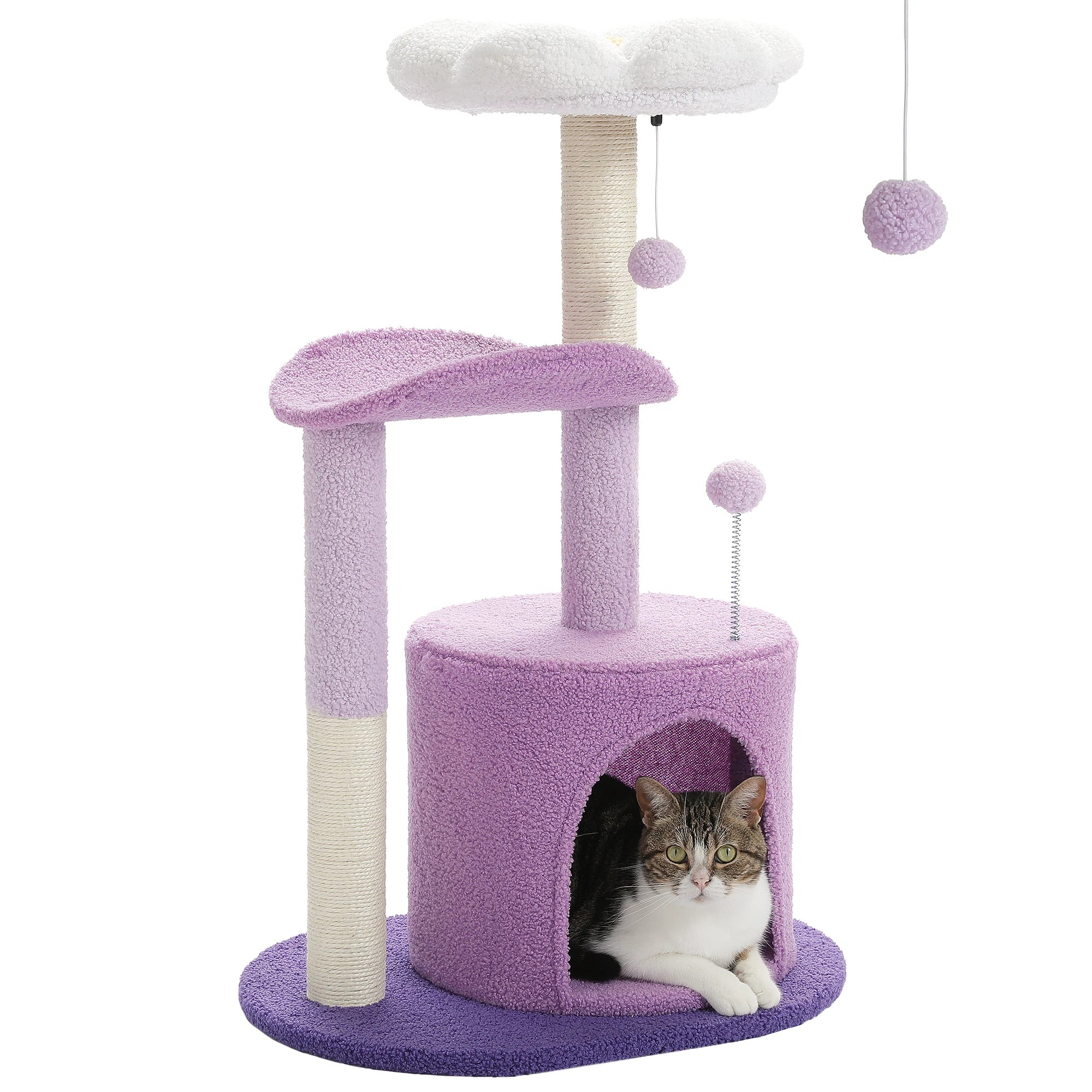 Árbol rascador lila para gatos con diseño de flor y casa interior
