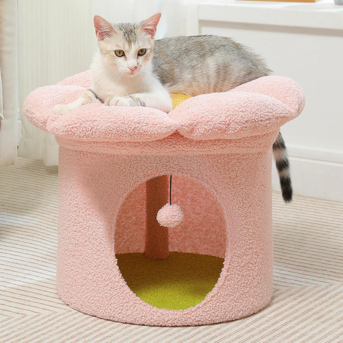 Cama para gatos con diseño de flor y casa interior