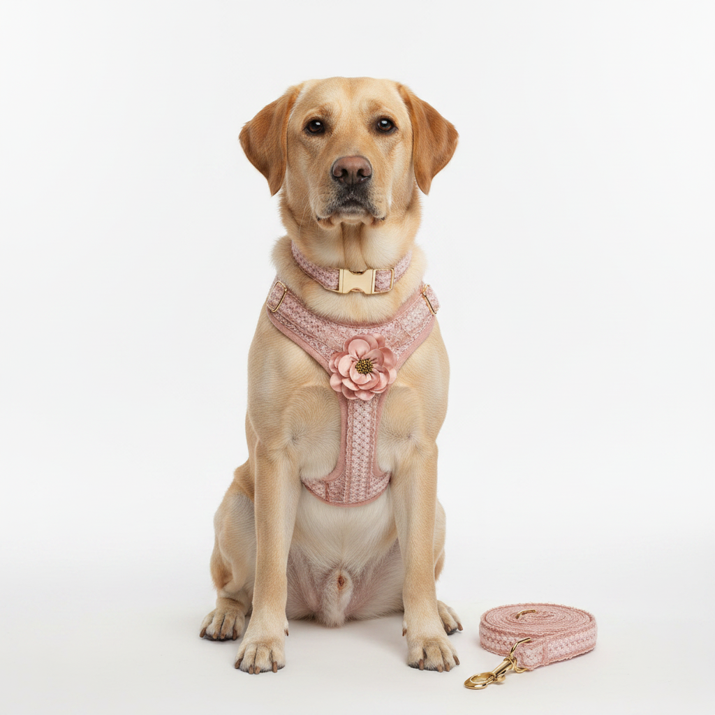 Set de Collar y Arnés de Encaje Rosa Floral Personalizable
